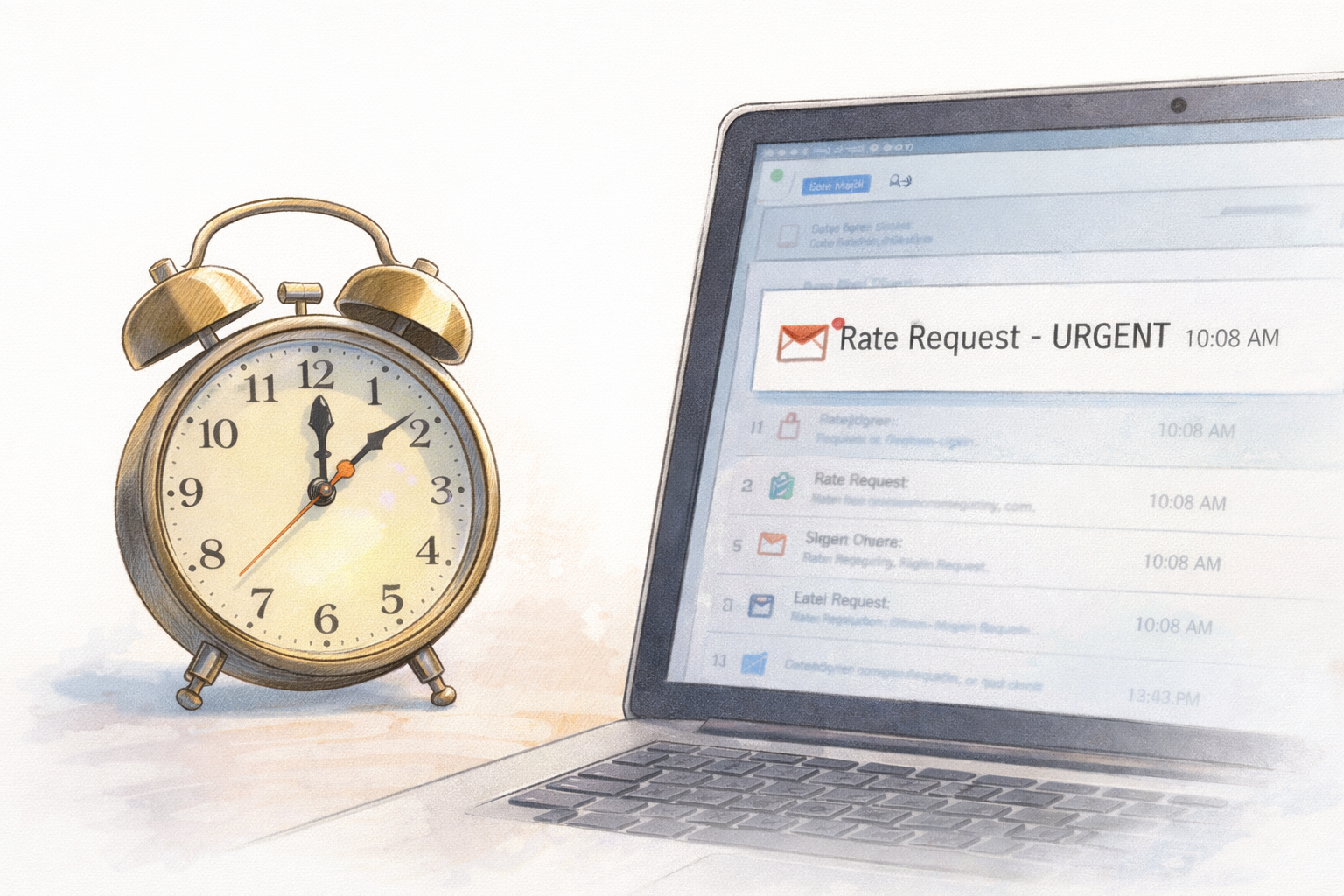Clock showing time passing beside unopened freight rate request email, symbolizing delayed response in freight forwarding operations