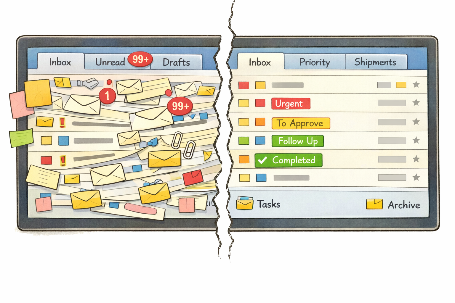 Comparison between cluttered logistics inbox and clean organized shipment inbox