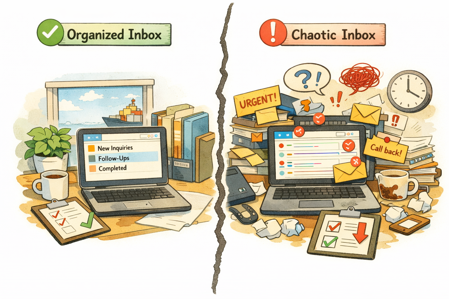 Comparison between organized operational inbox and cluttered freight email inbox