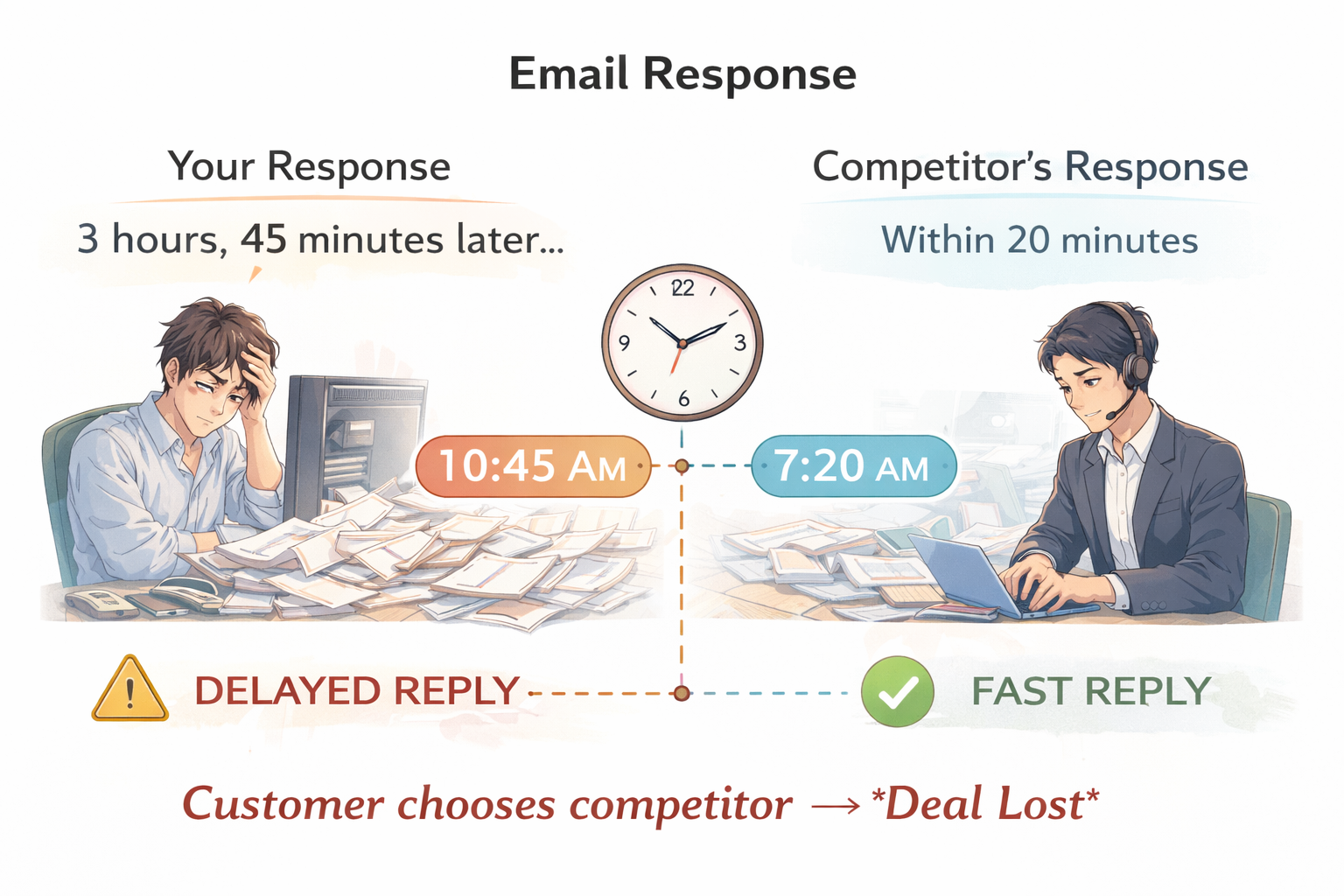 Comparison of fast vs delayed email response in freight forwarding impacting deal conversion