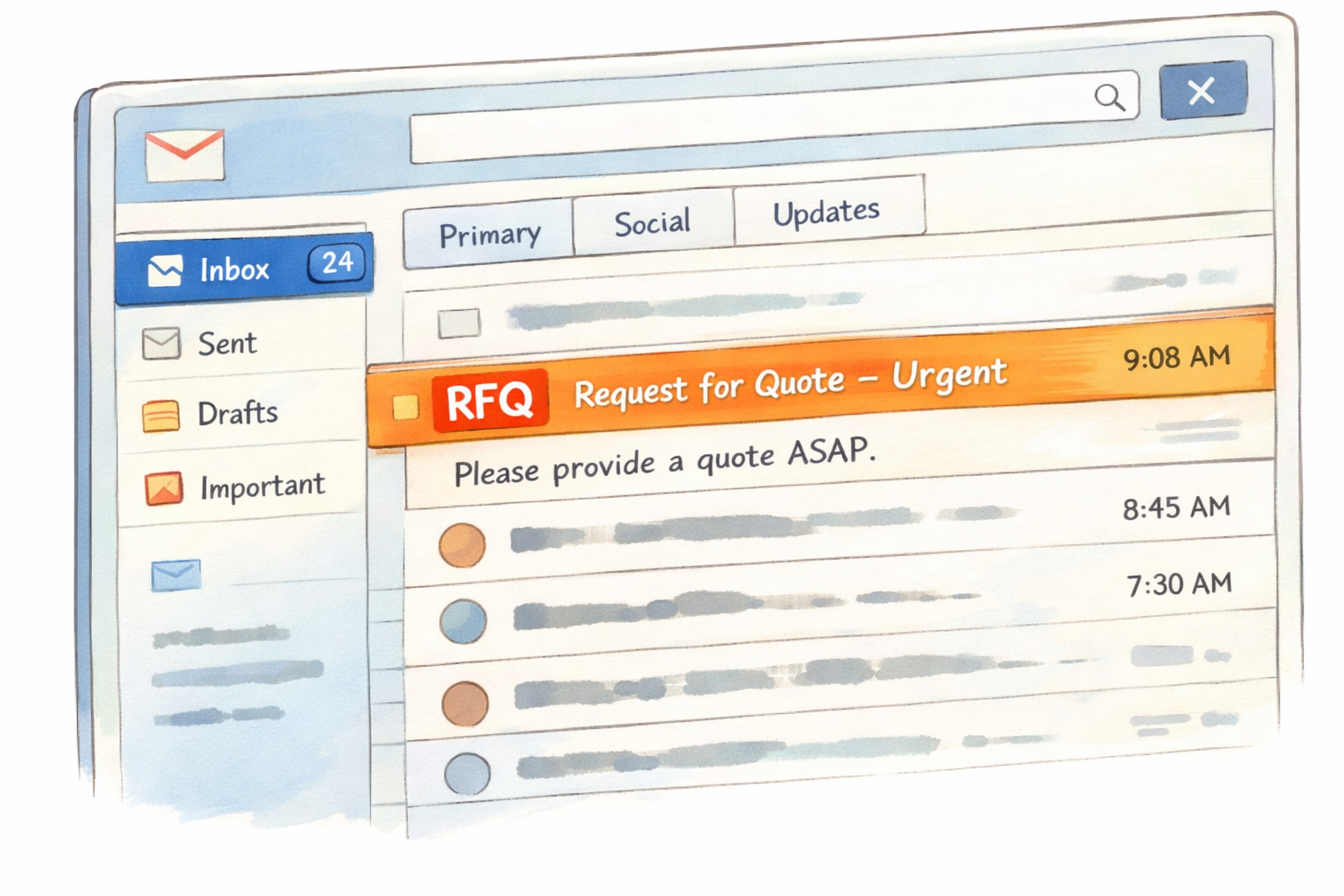 Email inbox showing RFQ automatically labeled and highlighted for quick visibility