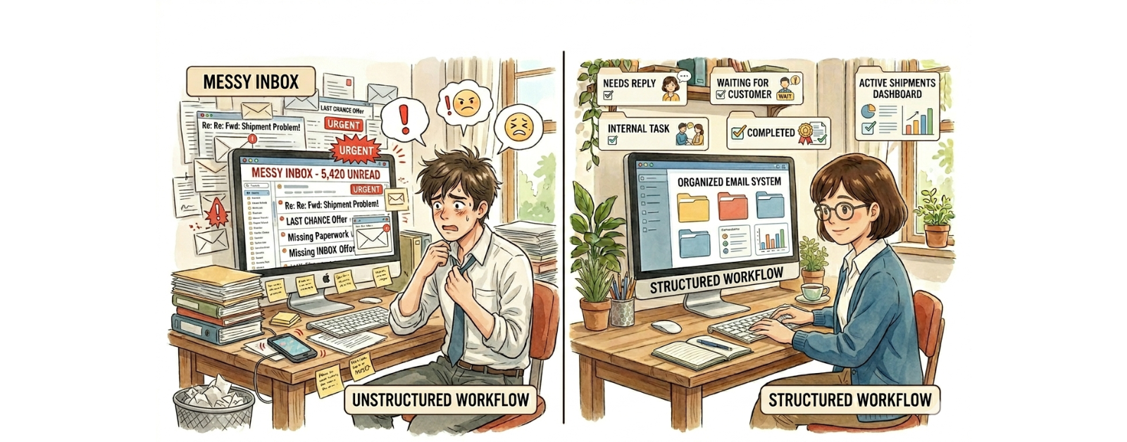 Freight forwarder overwhelmed with email inbox compared to organized email workflow system improving response time