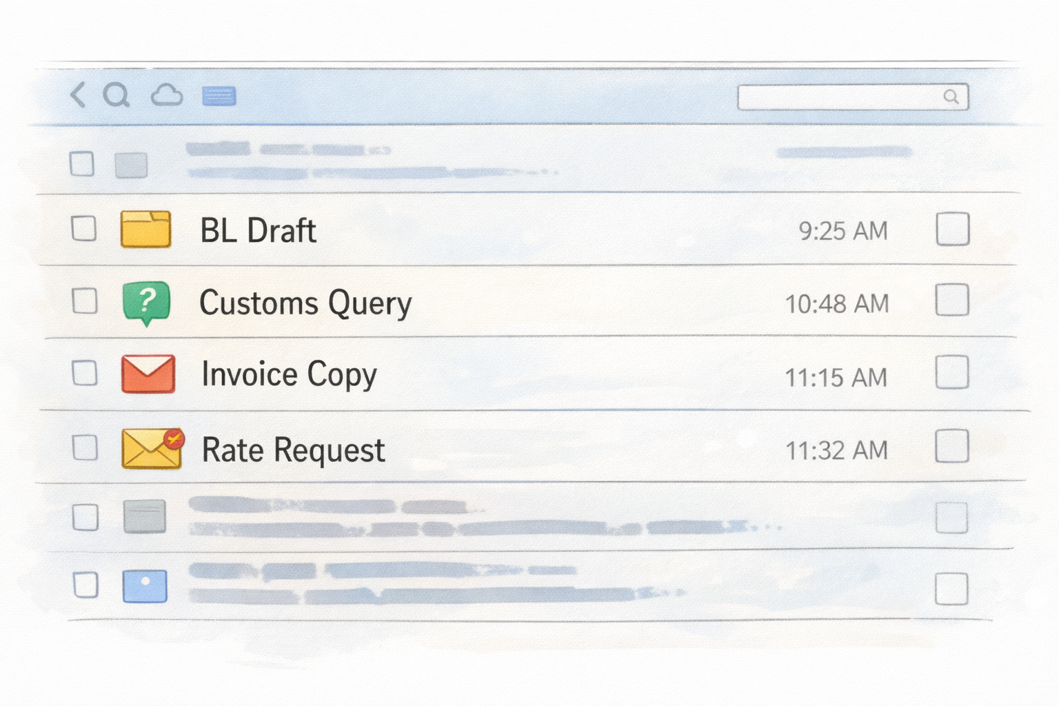 Freight forwarding inbox showing mixed shipment emails including BL draft, customs query, invoice request, and rate request without organization