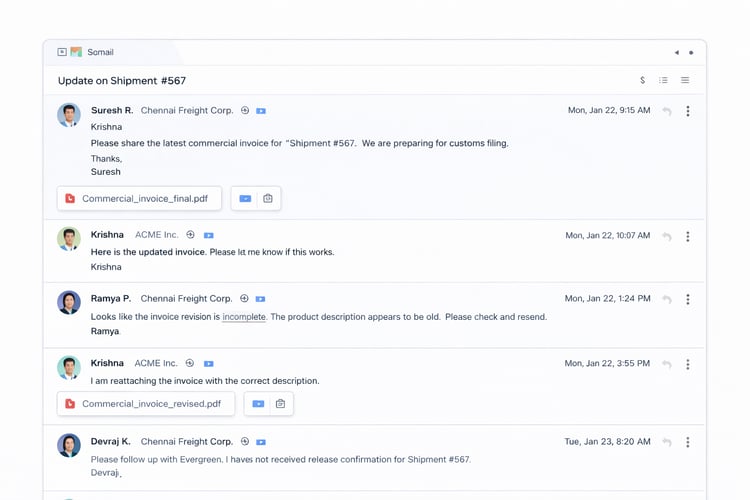 Freight forwarding shift handover done through long email threads with multiple replies and attachments