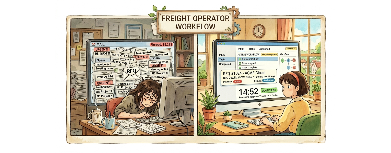 Freight forwarding team responding to RFQs quickly using structured email workflow under 15 minutes
