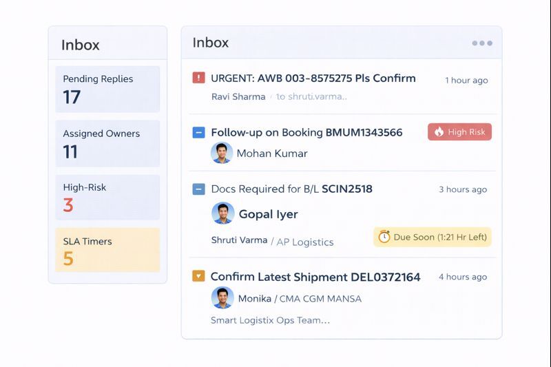 Freight operations inbox dashboard showing pending replies, owners and SLA timers