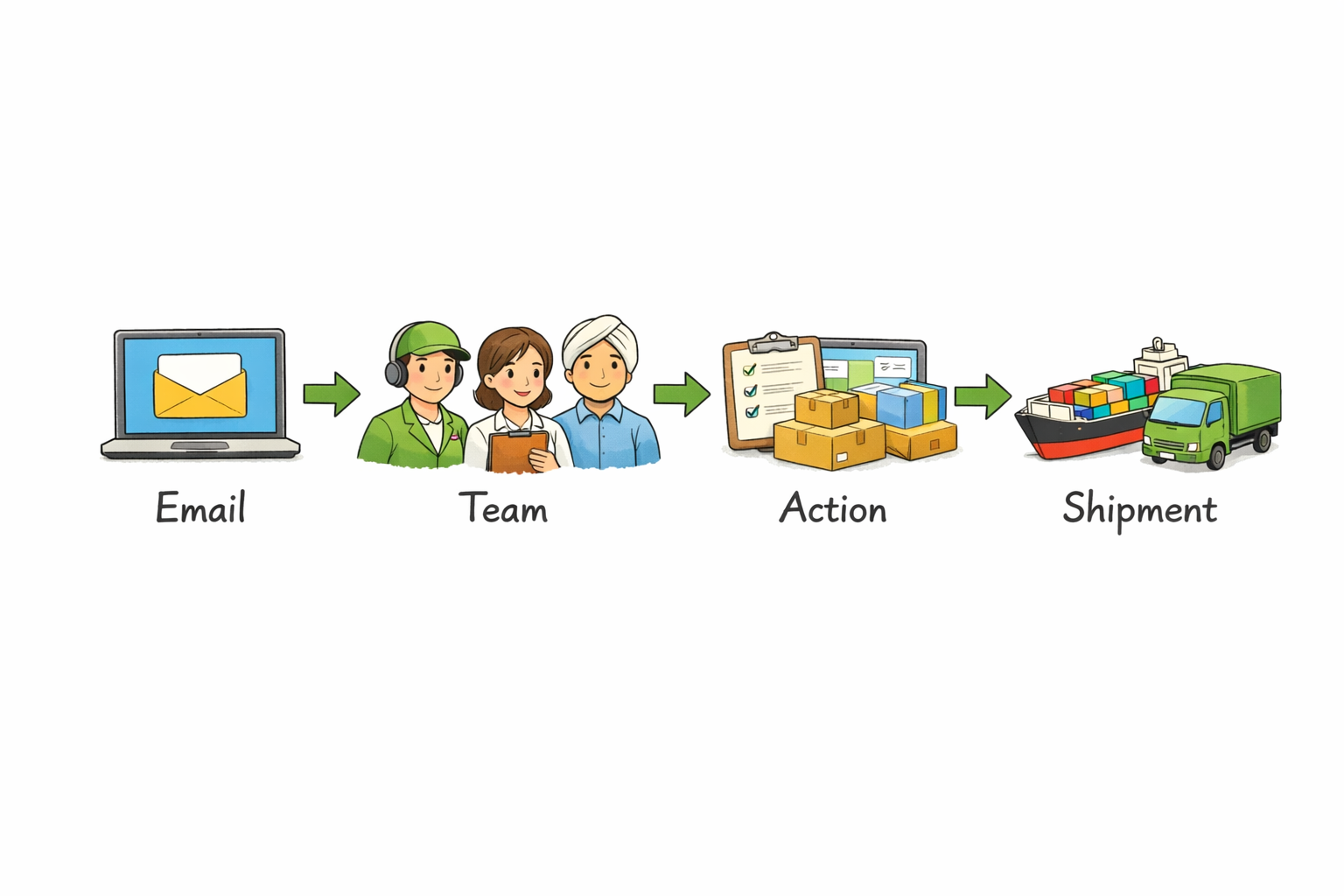 Freight workflow showing email triggering operational actions across logistics teams