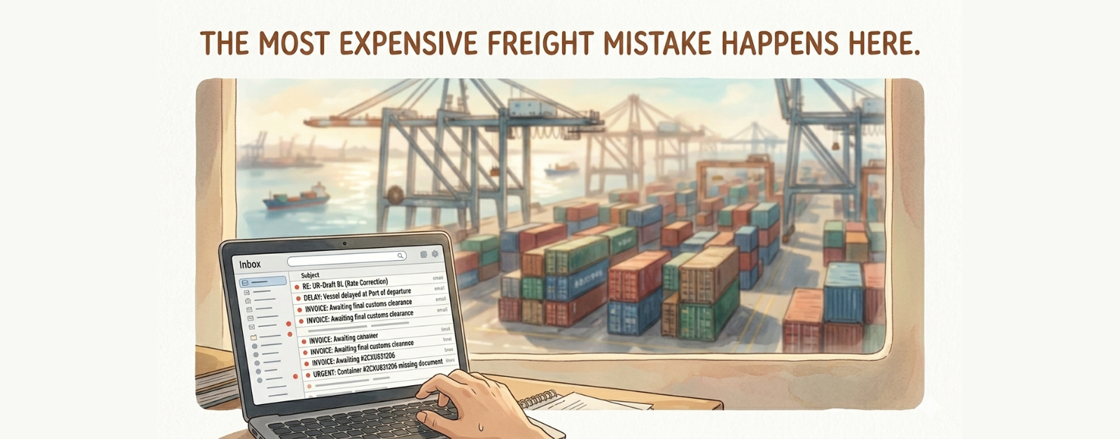 Laptop displaying crowded freight forwarding email inbox with port cranes in background, illustrating how delayed emails impact logistics operations and client service