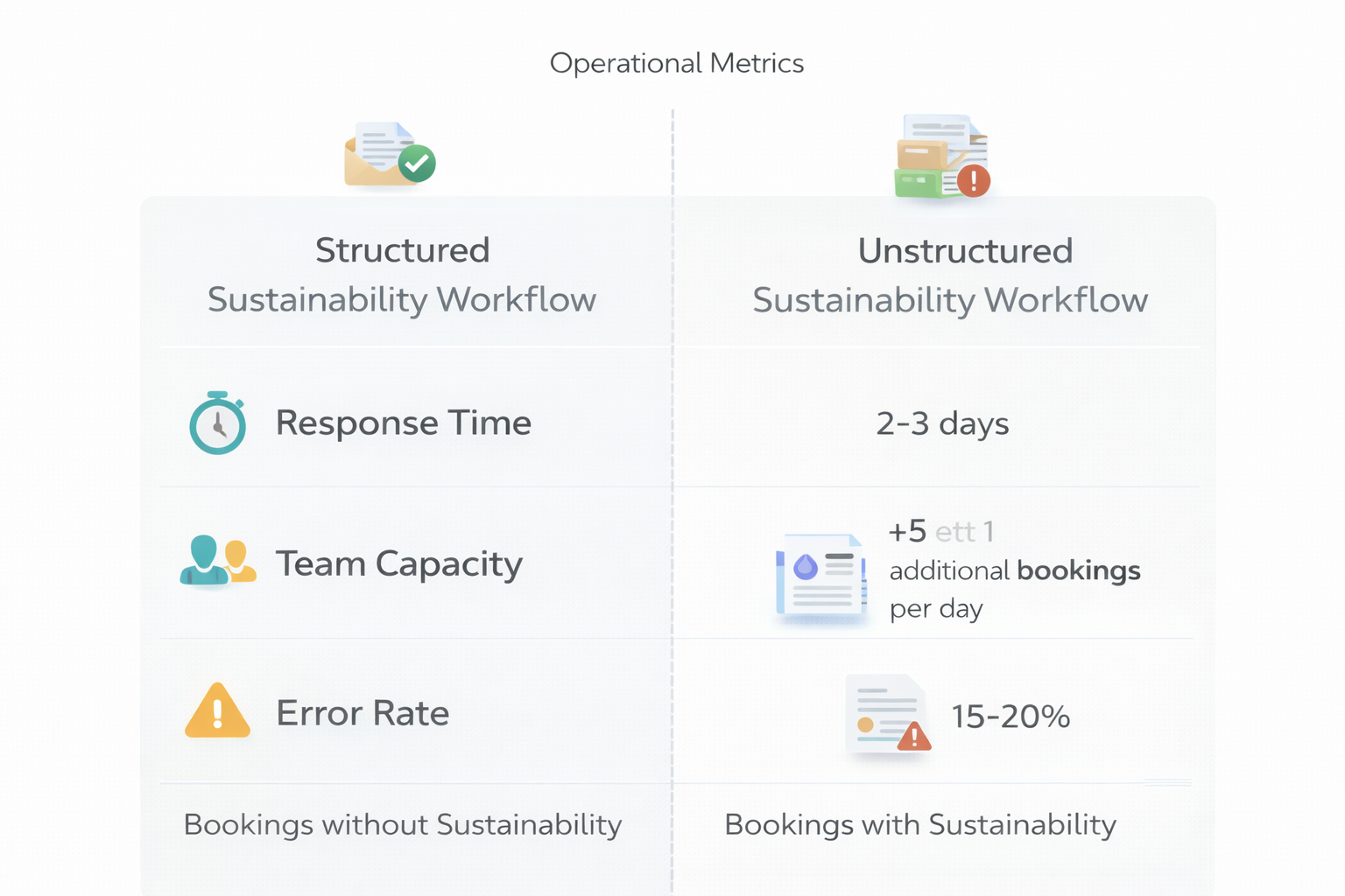 Operational performance metrics comparison showing improved response times, increased team capacity, and reduced error rates when freight forwarders implement structured sustainability workflows