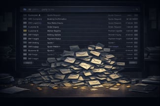 Overloaded email inbox used by a freight forwarding team with hundreds of unread customer and shipment emails