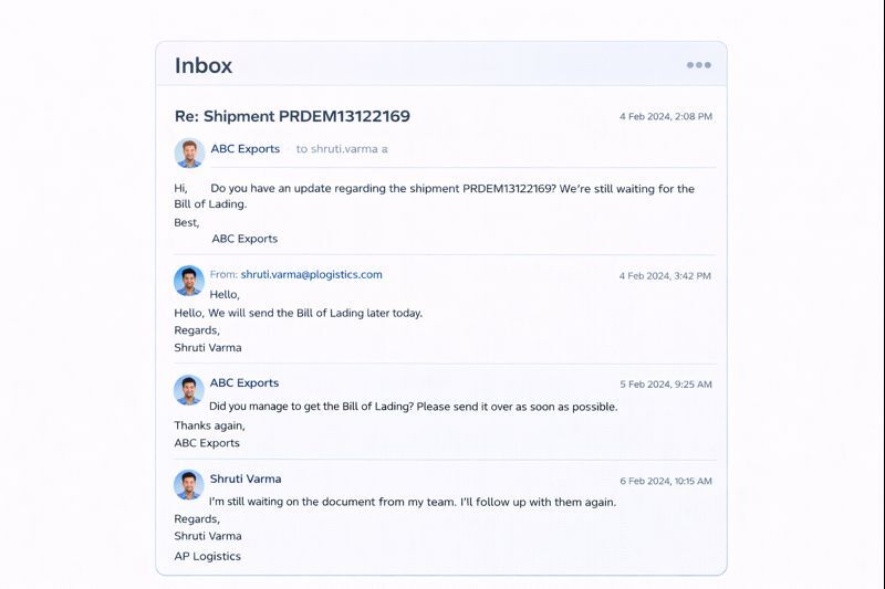 Screenshot-style visual showing a shipment email thread with no owner or statu