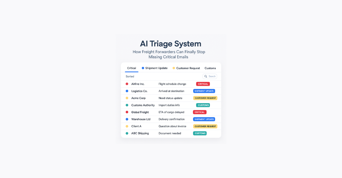 AI-powered email triage dashboard prioritizing logistics and freight forwarding emails automatically